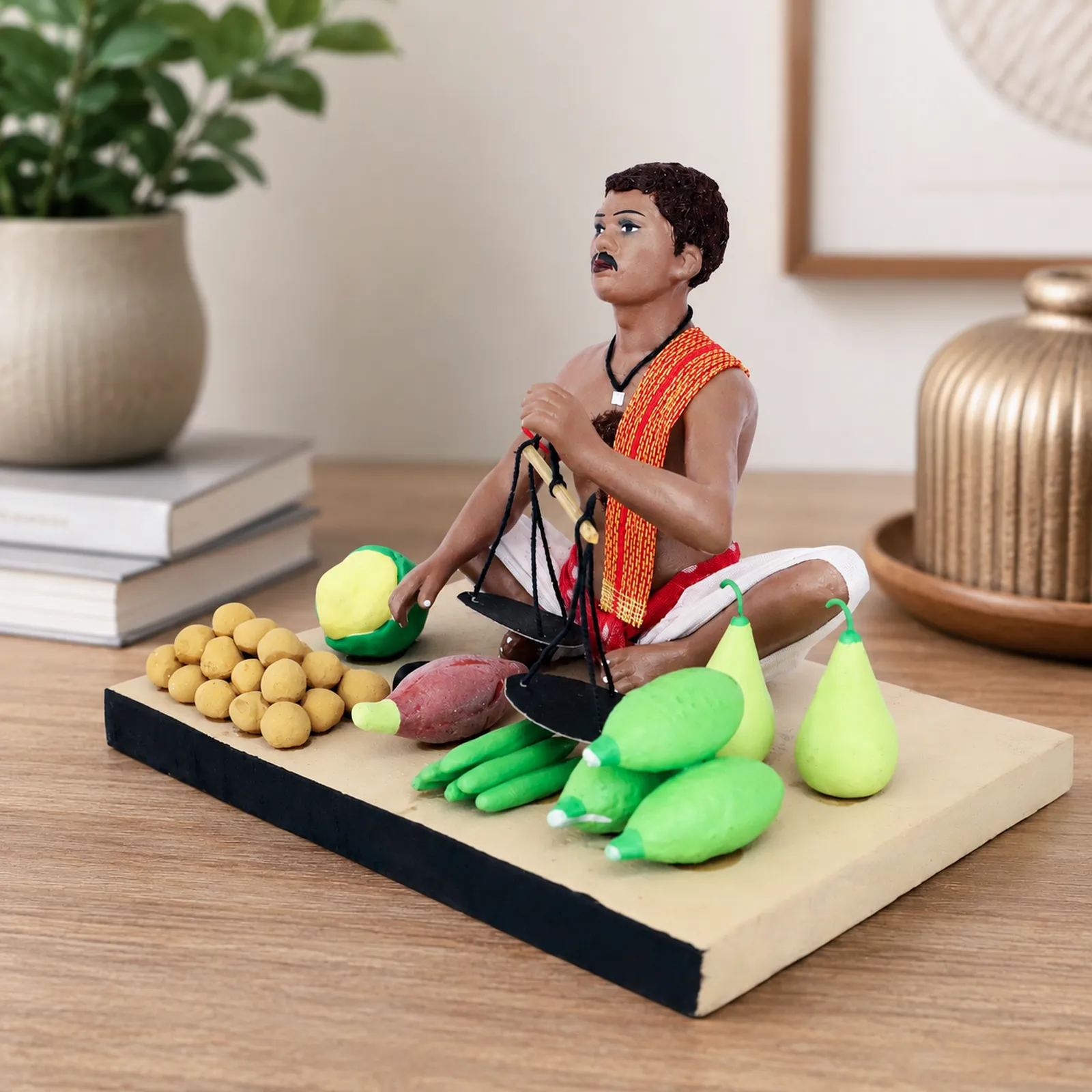 Vegetable Seller - Handmade Terracotta Clay Figurine | Standard Sitting Human Figure Idol