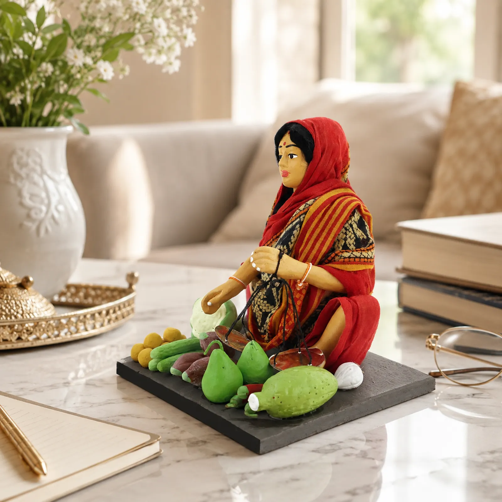 Vegetable Seller - Woman - Handmade Terracotta Clay Figurine | Basic Sitting Human Figure Idol