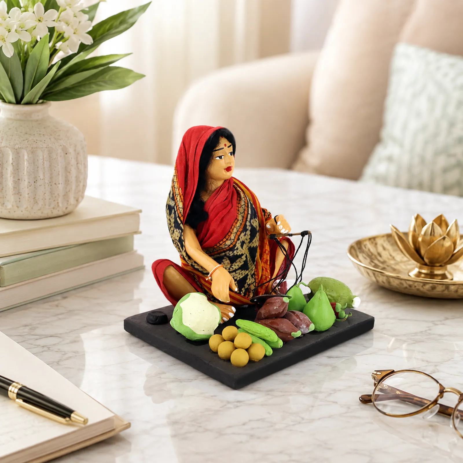Vegetable Seller - Woman - Handmade Terracotta Clay Figurine | Basic Sitting Human Figure Idol