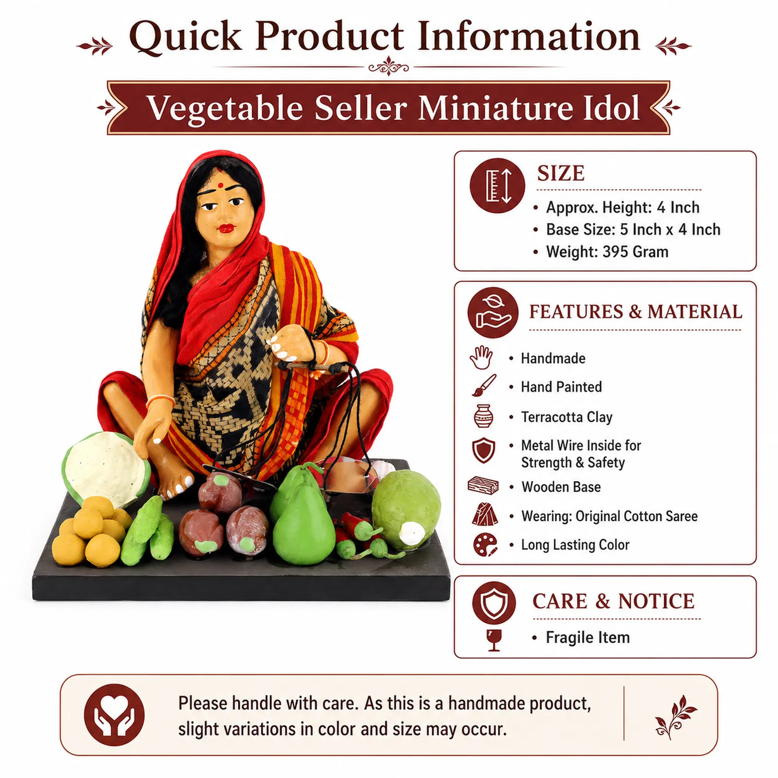 Vegetable Seller - Woman - Handmade Terracotta Clay Figurine | Basic Sitting Human Figure Idol