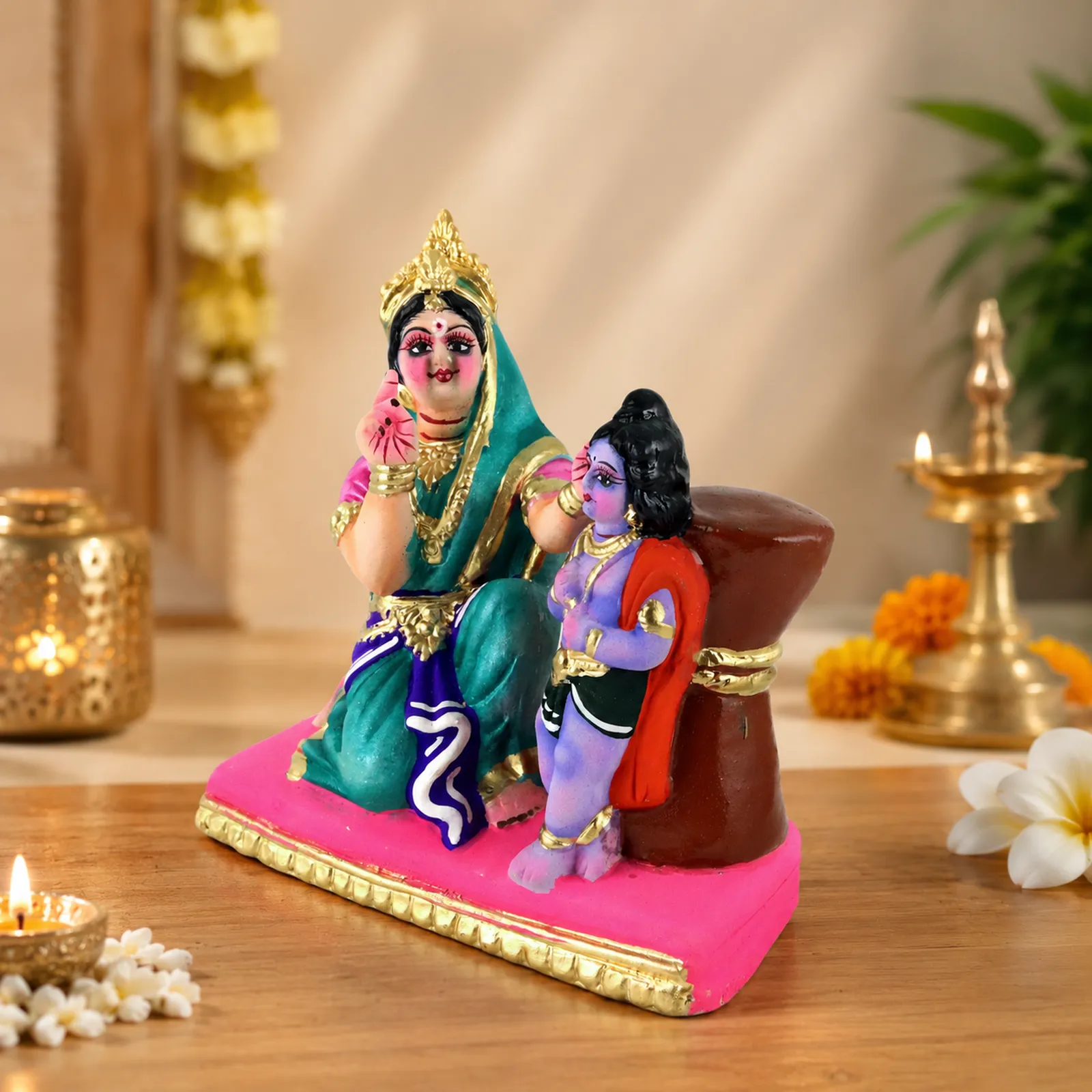 Yasoda Punishing Krishna for Butter Theft - Clay Terracotta Idol | Spiritual and Cultural Art