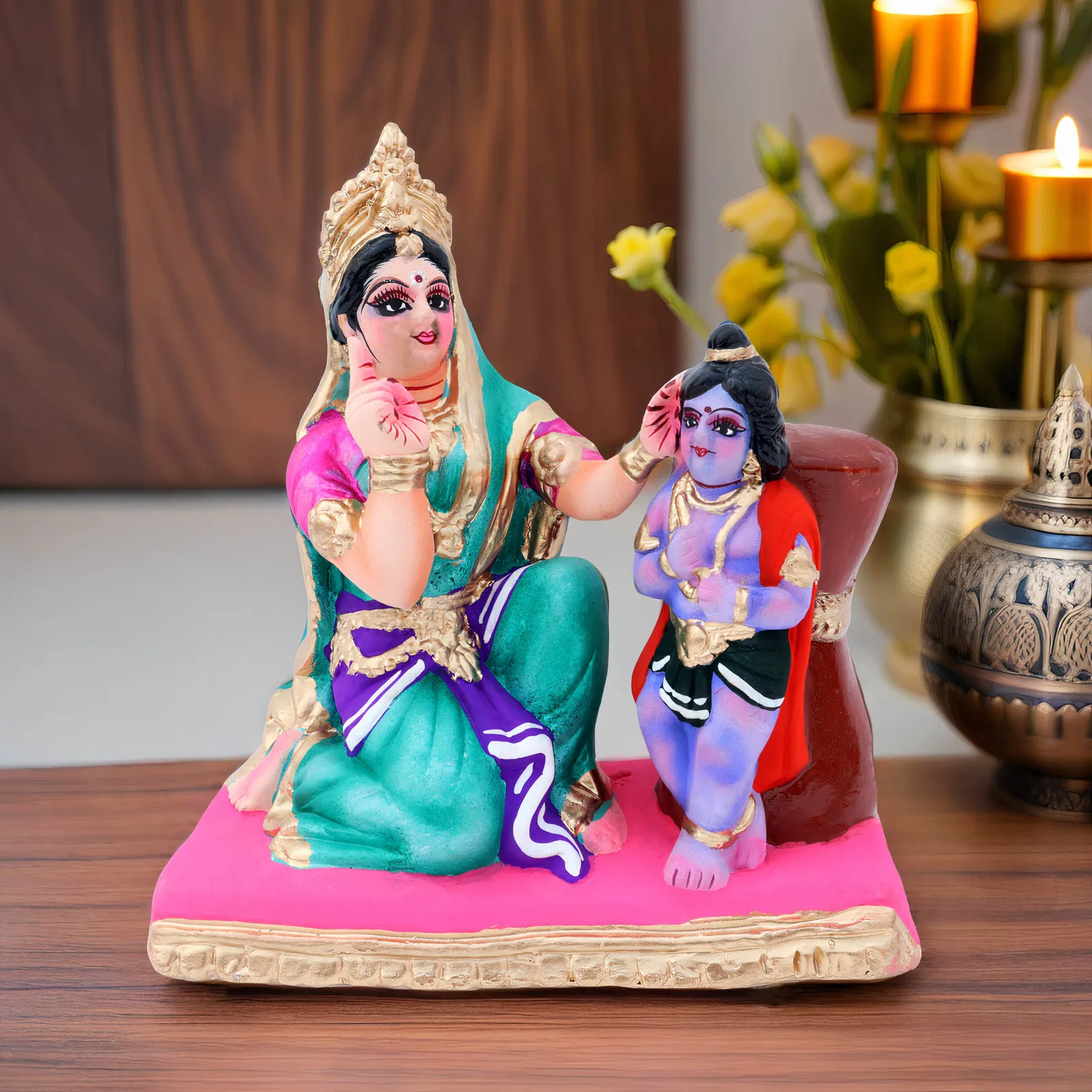 Yasoda Punishing Krishna for Butter Theft - Clay Terracotta Idol | Spiritual and Cultural Art
