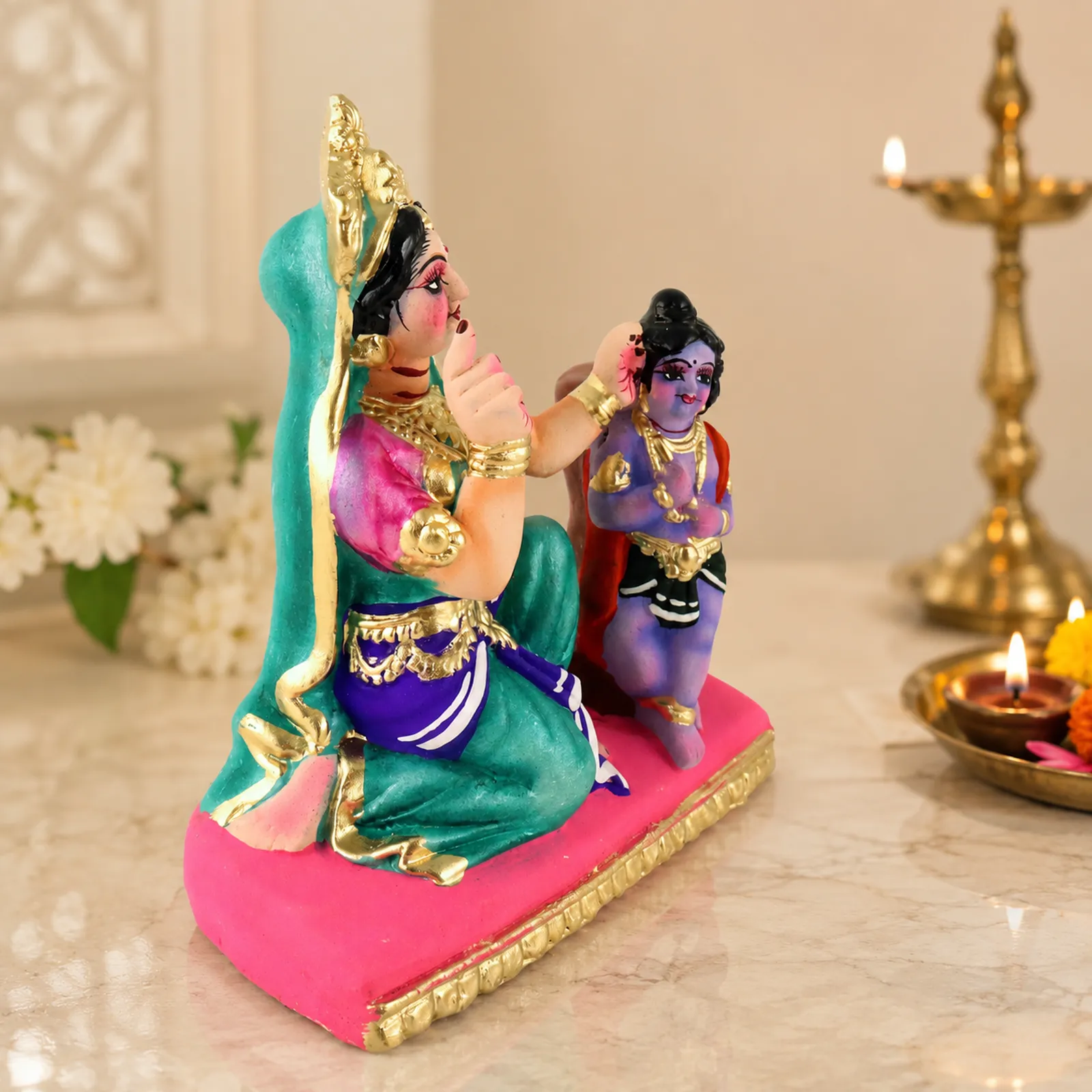 Yasoda Punishing Krishna for Butter Theft - Clay Terracotta Idol | Spiritual and Cultural Art