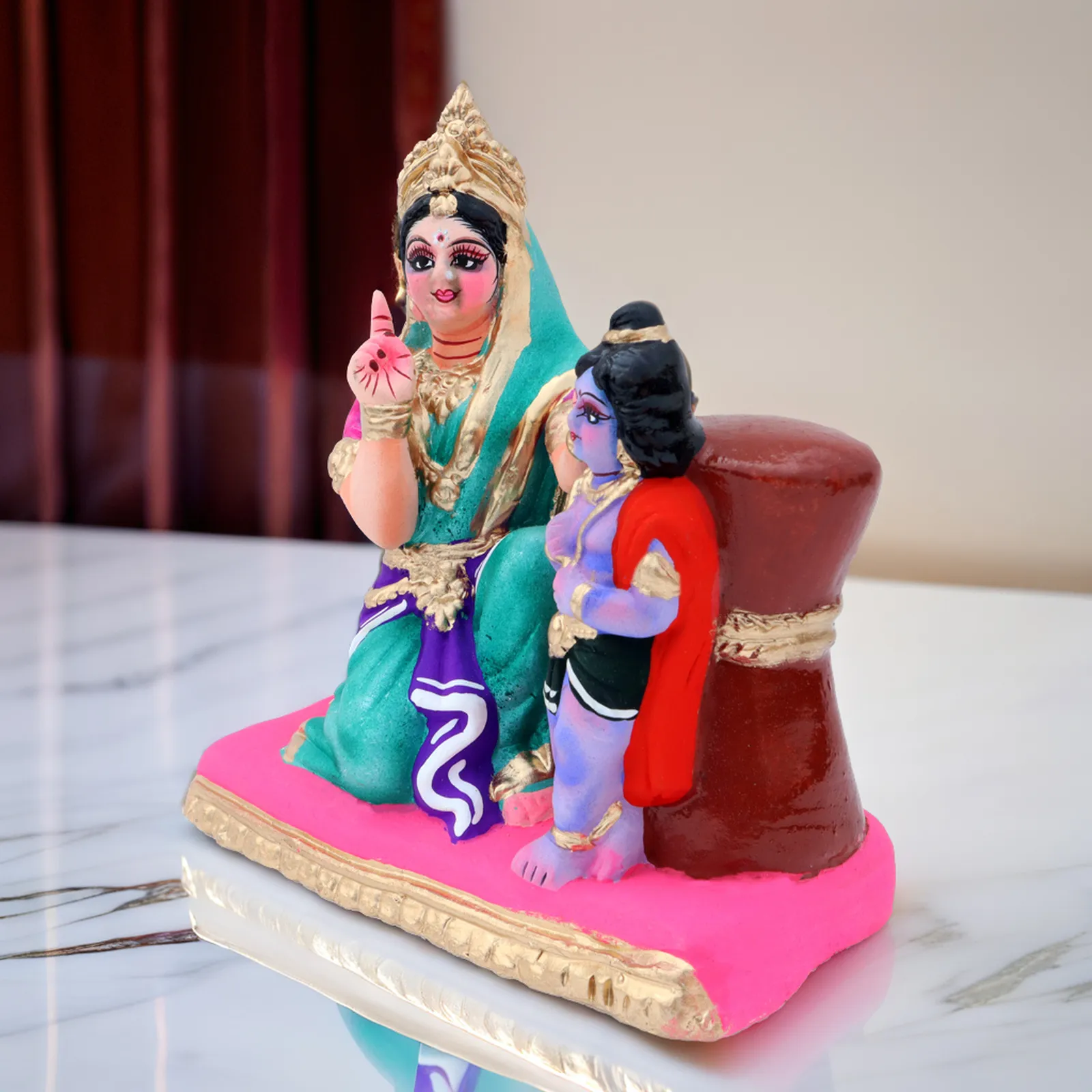 Yasoda Punishing Krishna for Butter Theft - Clay Terracotta Idol | Spiritual and Cultural Art
