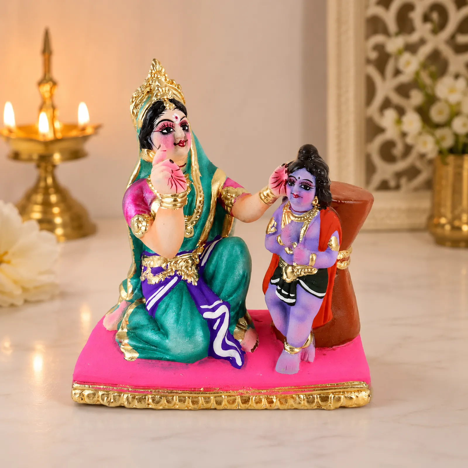 Yasoda Punishing Krishna for Butter Theft - Clay Terracotta Idol | Spiritual and Cultural Art