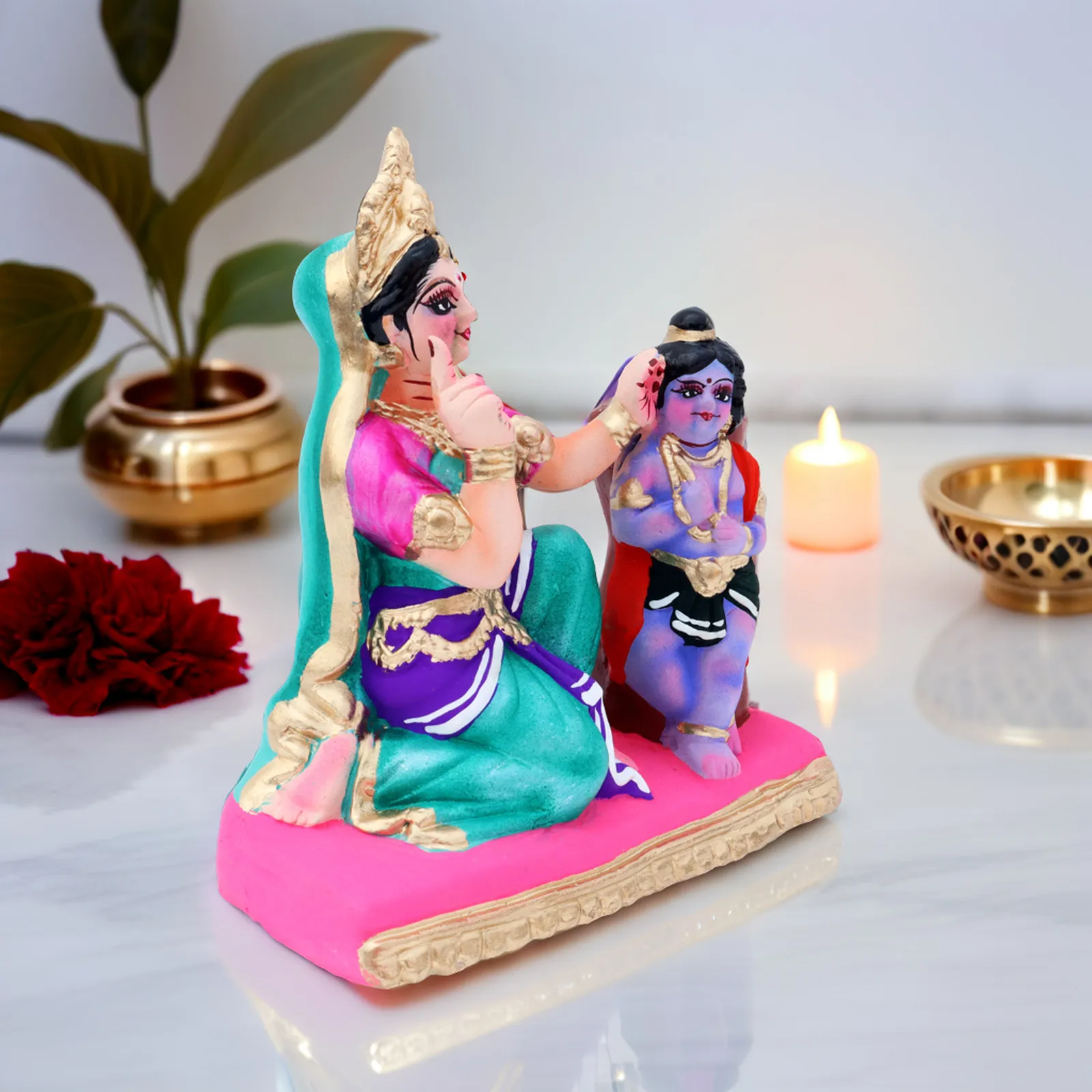 Yasoda Punishing Krishna for Butter Theft - Clay Terracotta Idol | Spiritual and Cultural Art